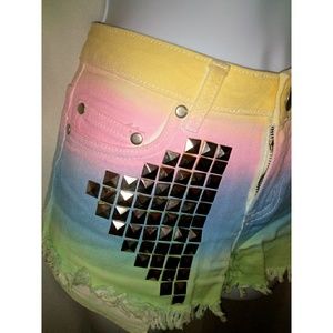 Reverse denim ombre pastel rainbow studded shorts
